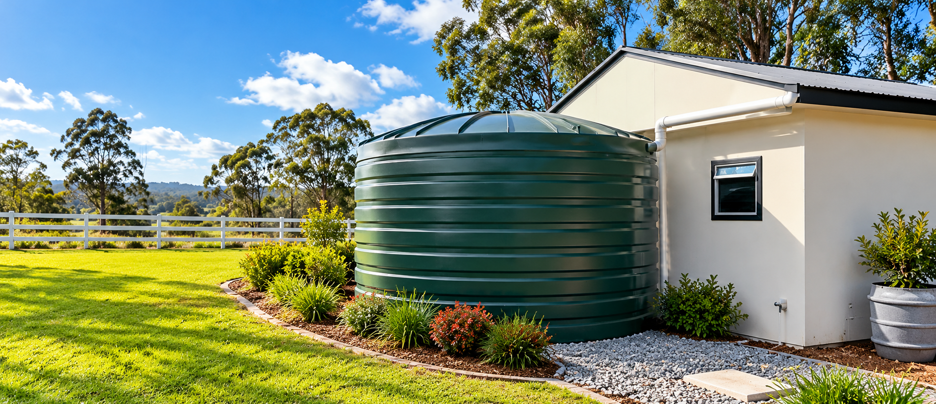 Large green rainwater tank installation